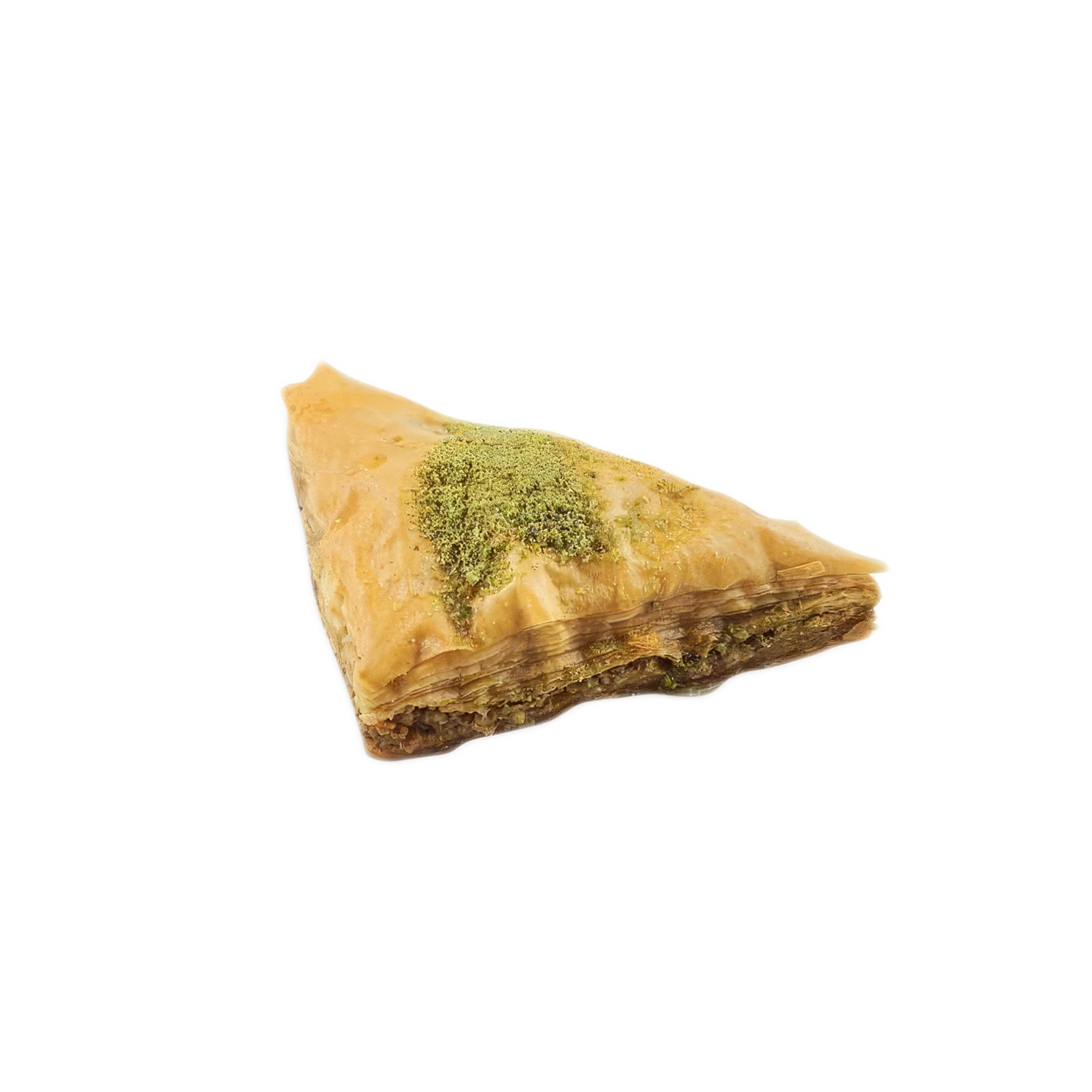Layered baklava triangle on a plate.