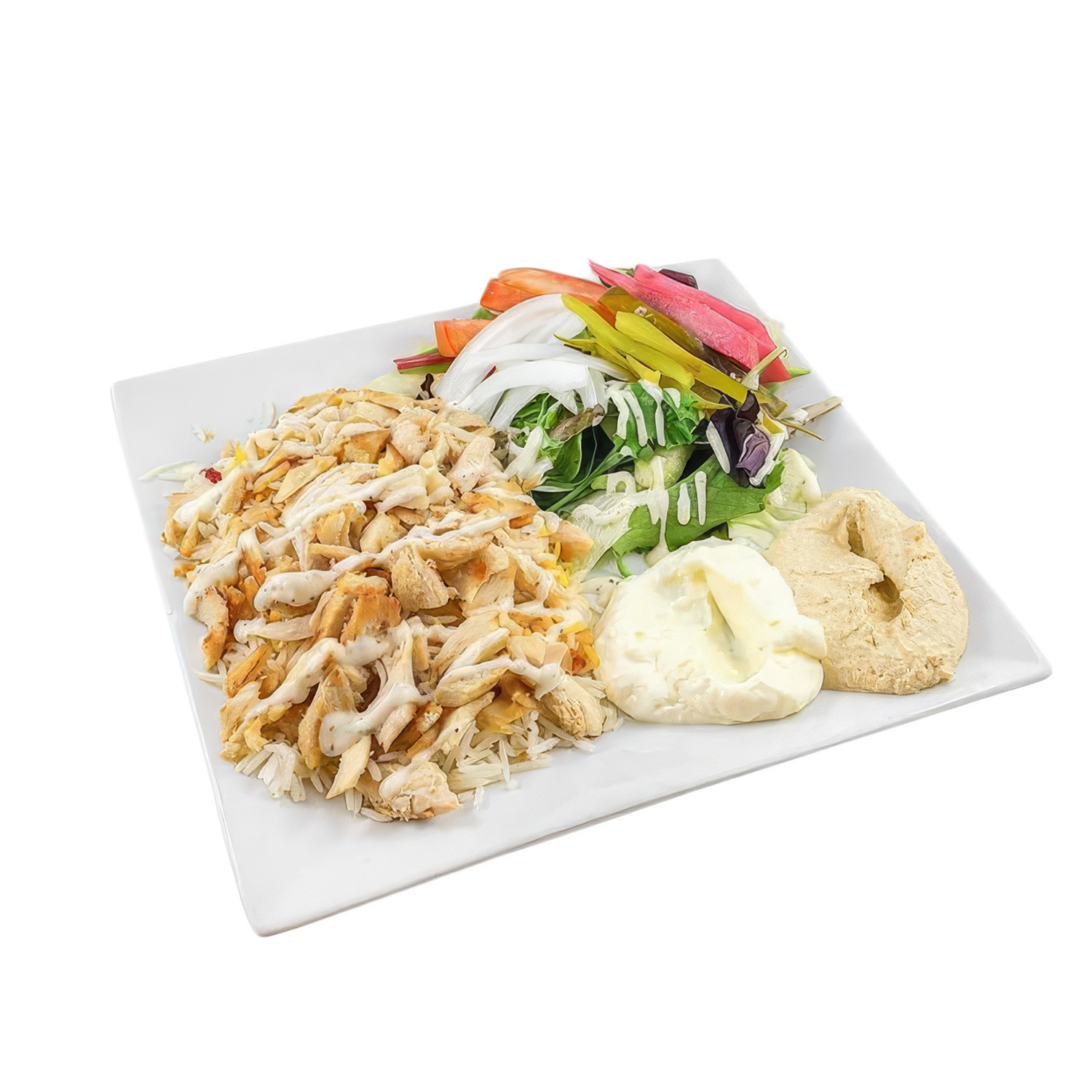Chicken shawarma plate with rice, pita, and sides.