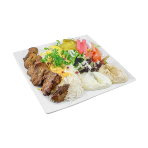 Grilled filet mignon skewer with rice and choice of soup or salad.